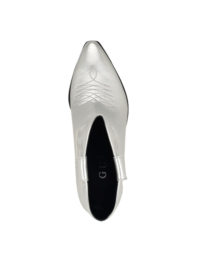 GUESS Womens Silver Dual Pull Tab Padded Metallic Embroidered Ginette Pointed Toe Block Heel Slip On Western Boot 9.5 M