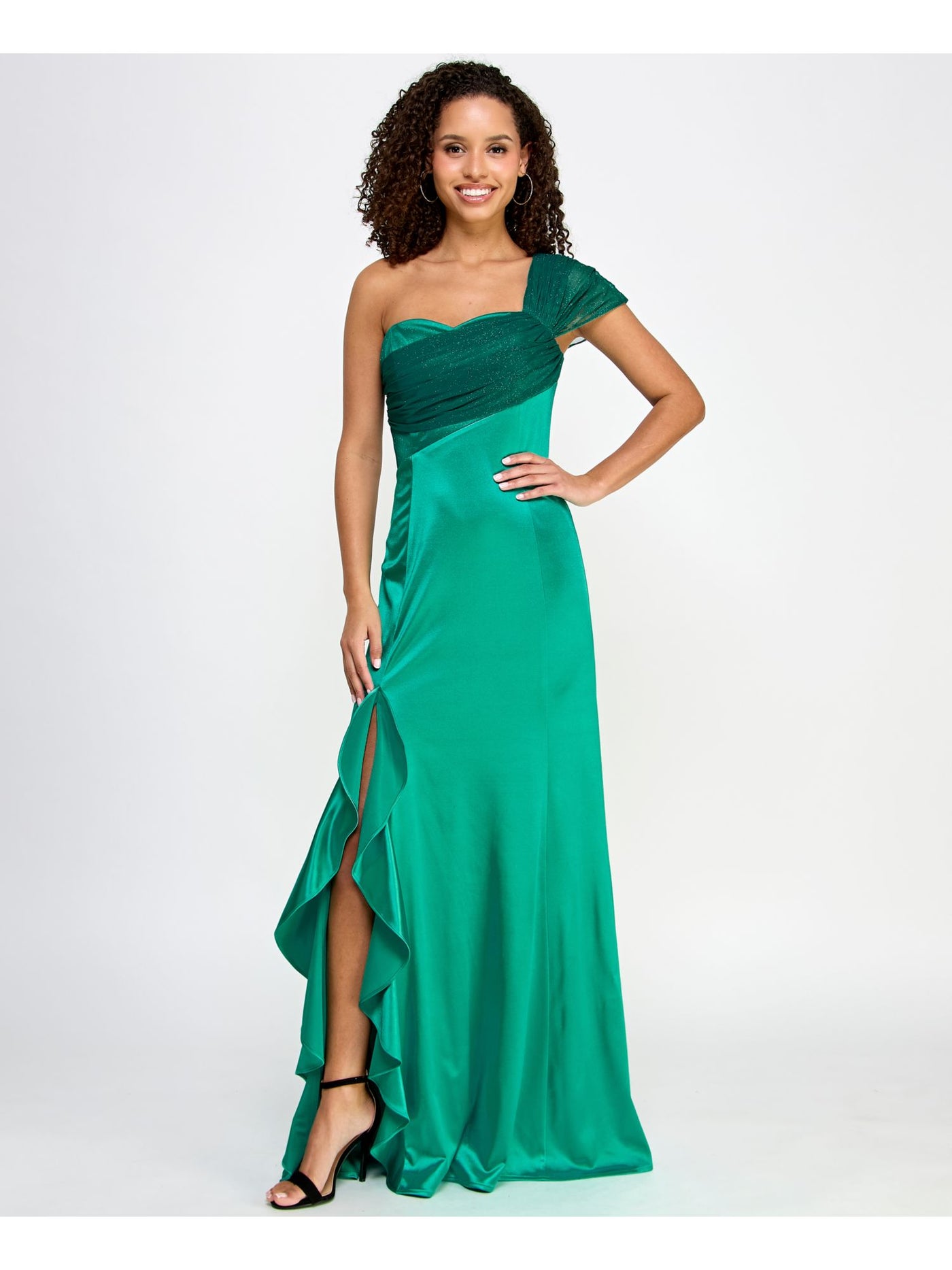 VIOLET WEEKEND Womens Green Zippered Unlined Ruffled Slit Mesh Sash Glitter Sleeveless Asymmetrical Neckline Full-Length Formal Gown Dress Juniors 15\16