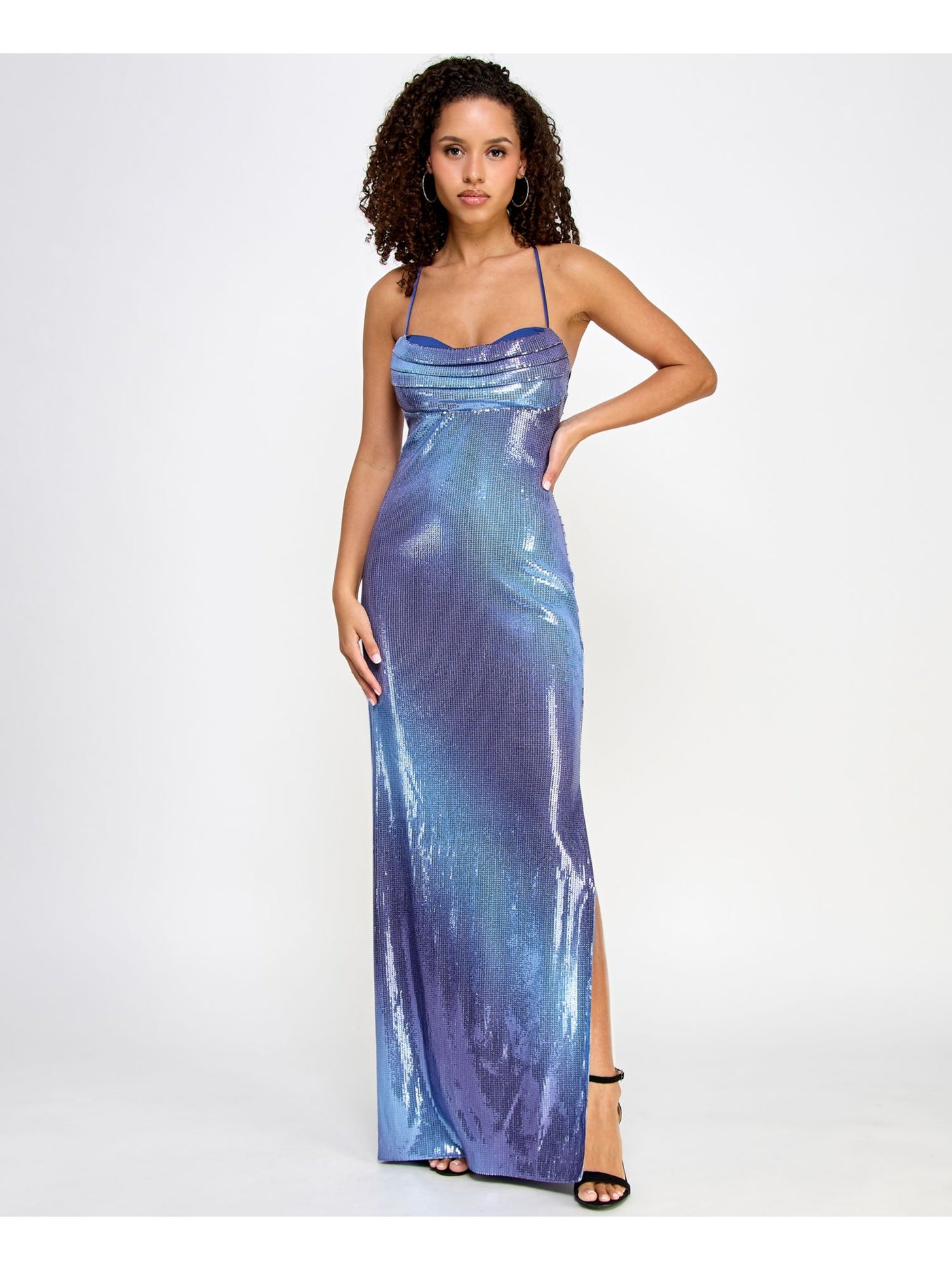 VIOLET WEEKEND Womens Blue Sequined Slitted Lined Zippered Lace Up Back Ombre Spaghetti Strap Cowl Neck Full-Length Formal Gown Dress Juniors 17/18