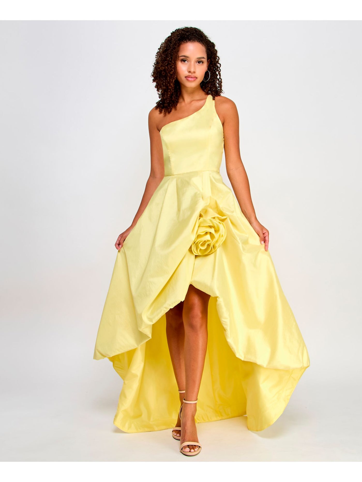 VIOLET WEEKEND Womens Yellow Zippered Lined Rosette Accent Hi-lo Hem Sleeveless Asymmetrical Neckline Full-Length Prom Gown Dress Juniors 11\12