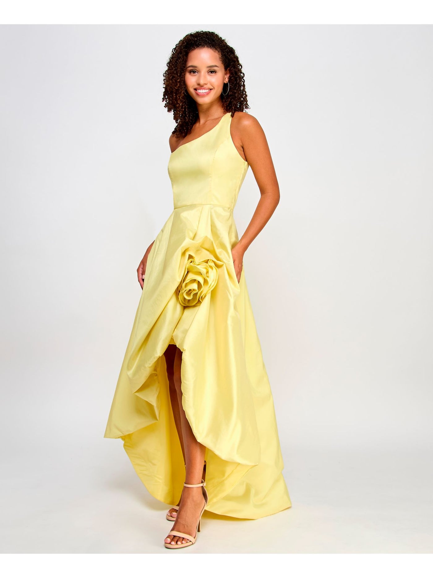 VIOLET WEEKEND Womens Yellow Zippered Lined Rosette Accent Hi-lo Hem Sleeveless Asymmetrical Neckline Full-Length Prom Gown Dress Juniors 11\12