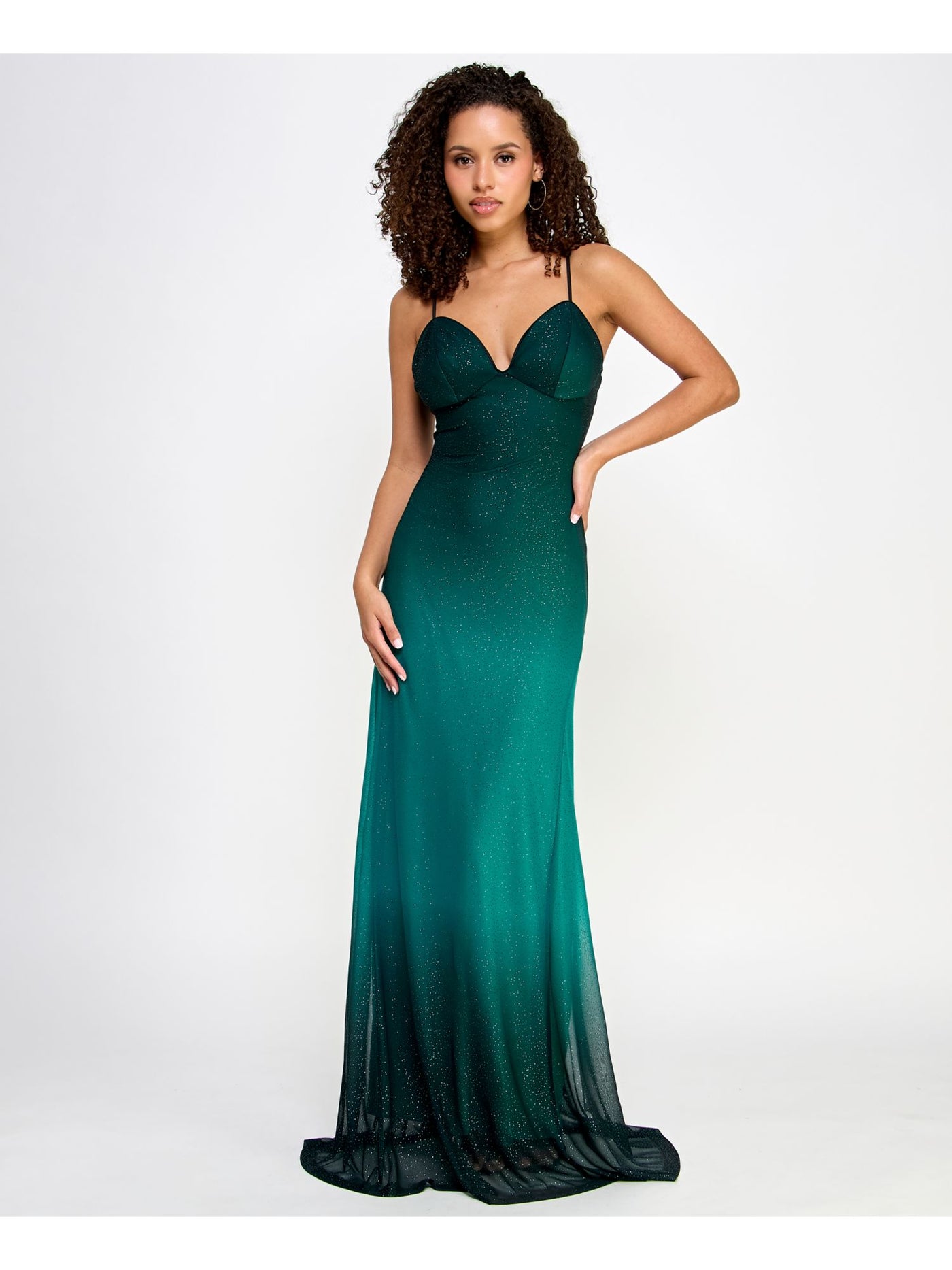 VIOLET WEEKEND Womens Green Zippered Lined Lace-up Open Back Ombre Spaghetti Strap V Neck Full-Length Prom Gown Dress Juniors 5\6