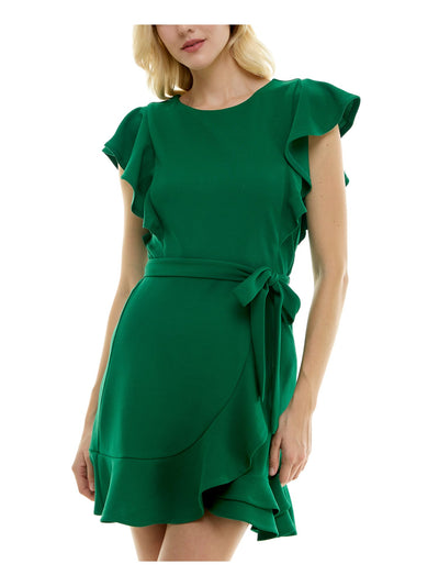 CRYSTAL DOLLS Womens Green Tie Ruffled Keyhole Flutter Sleeve Scoop Neck Mini Faux Wrap Dress Juniors XS