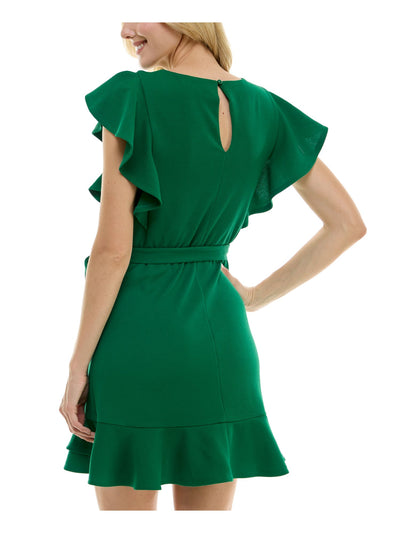 CRYSTAL DOLLS Womens Green Tie Ruffled Keyhole Flutter Sleeve Scoop Neck Mini Faux Wrap Dress Juniors XS