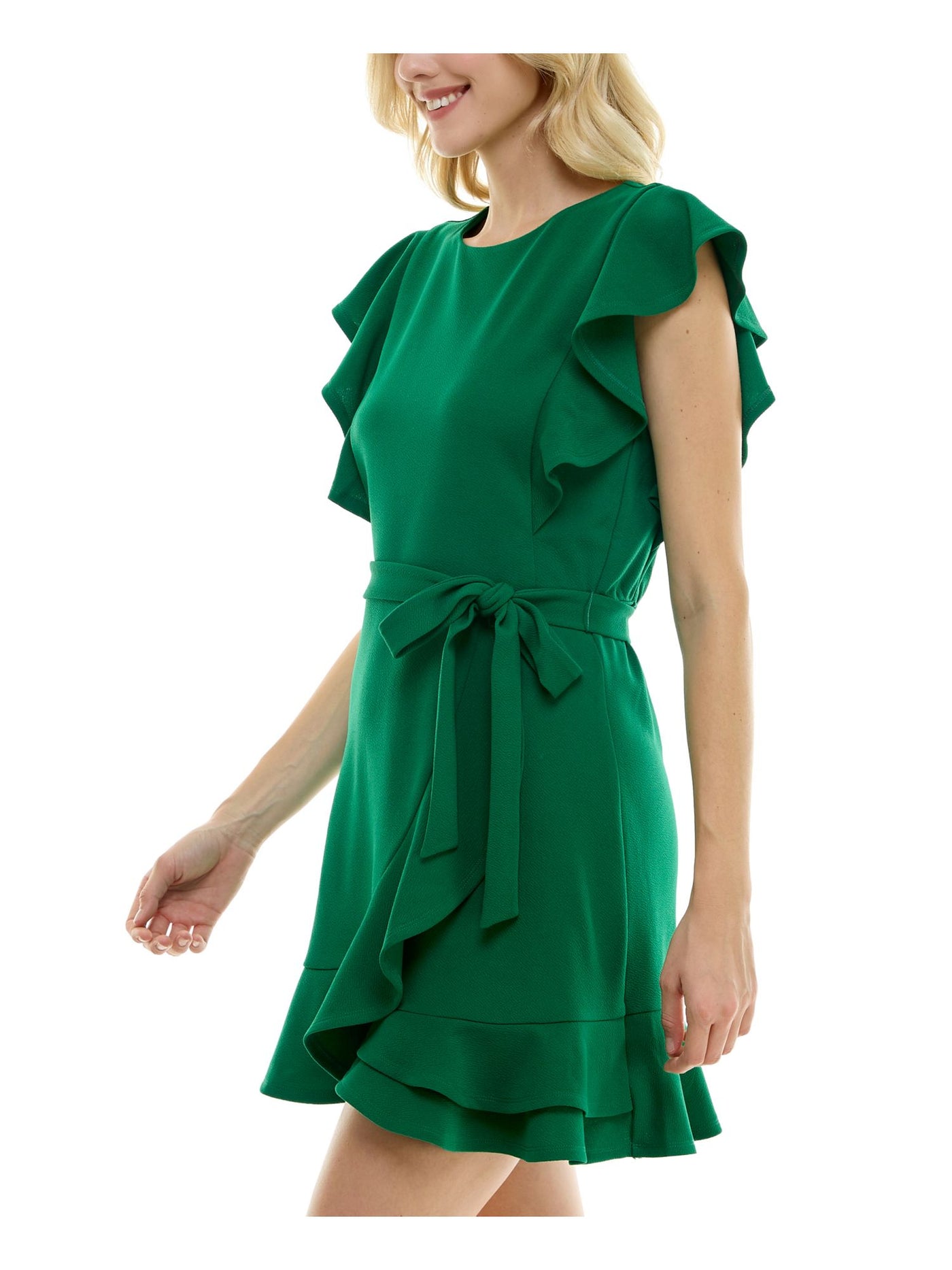 CRYSTAL DOLLS Womens Green Tie Ruffled Keyhole Flutter Sleeve Scoop Neck Mini Faux Wrap Dress Juniors XS