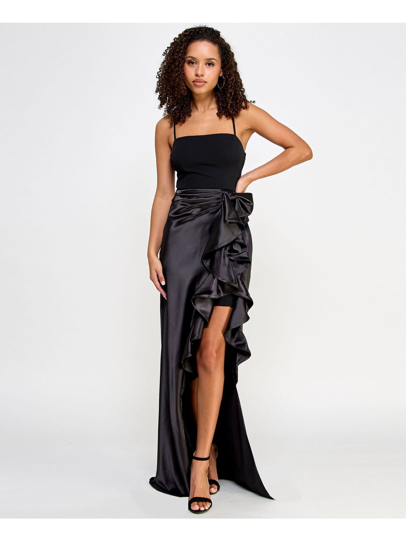 CITY STUDIO Womens Black Zippered Cascading Ruffle And Slit Bow Ac Spaghetti Strap Square Neck Full-Length Formal Gown Dress Juniors 1\2