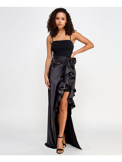 CITY STUDIO Womens Black Zippered Cascading Ruffle And Slit Bow Ac Spaghetti Strap Square Neck Full-Length Formal Gown Dress Juniors 1\2