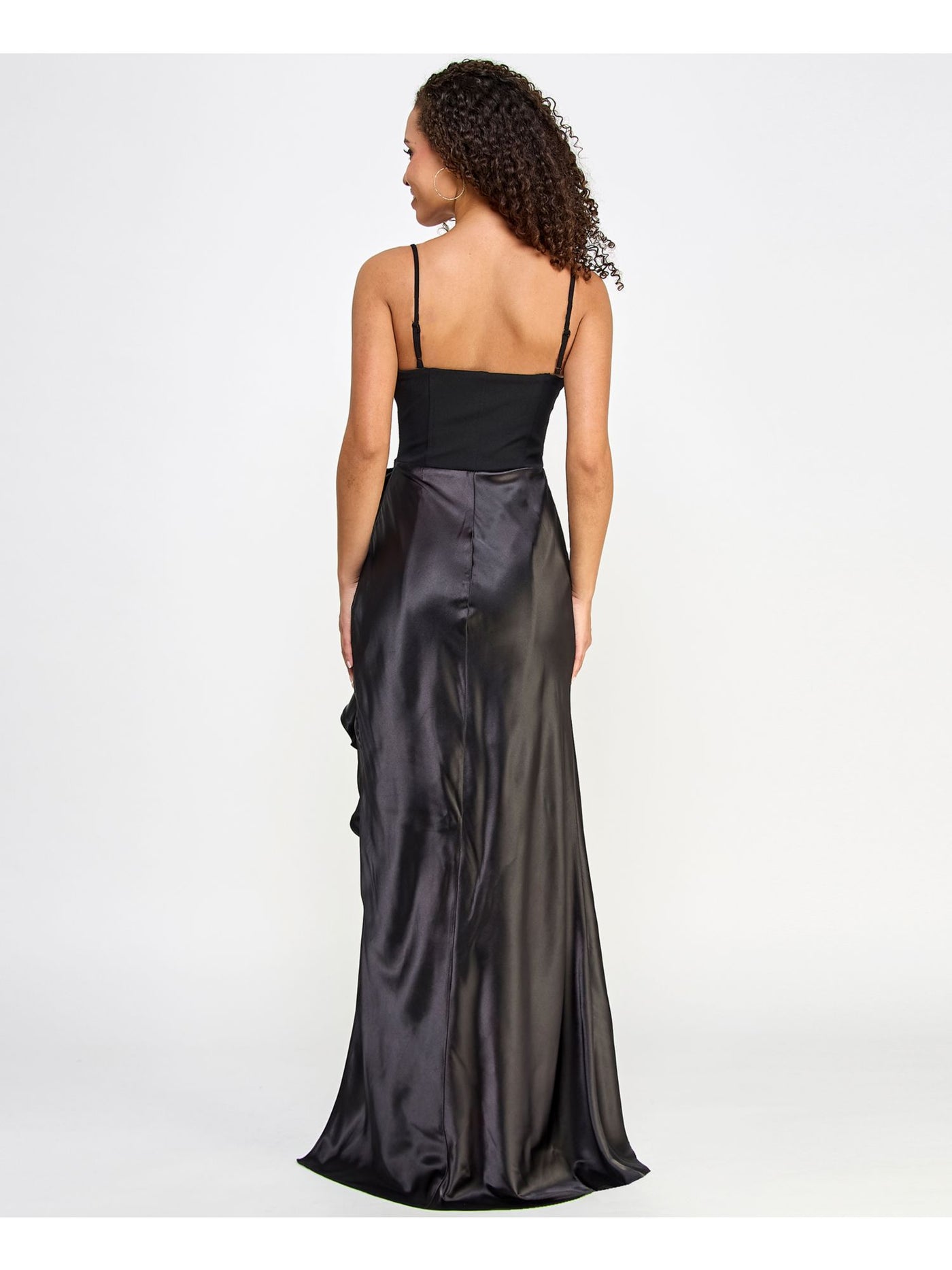 CITY STUDIO Womens Black Zippered Cascading Ruffle And Slit Bow Ac Spaghetti Strap Square Neck Full-Length Formal Gown Dress Juniors 1\2