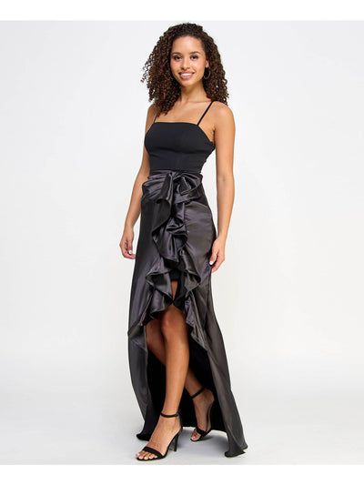 CITY STUDIO Womens Black Zippered Cascading Ruffle And Slit Bow Ac Spaghetti Strap Square Neck Full-Length Formal Gown Dress Juniors 1\2