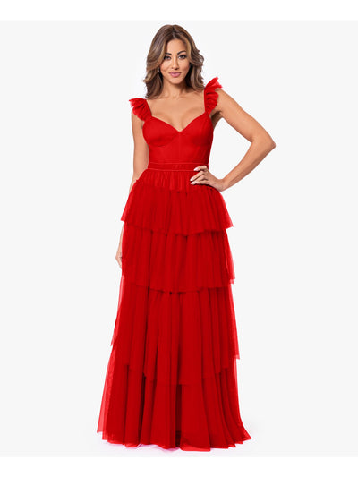 BLONDIE NITES Womens Red Adjustable Zippered Tiered Mesh Ruffle Sleeve Lined Sleeveless Sweetheart Neckline Full-Length Formal Gown Dress Juniors 3