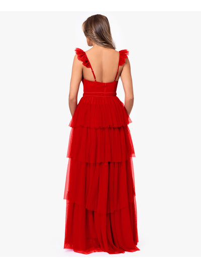 BLONDIE NITES Womens Red Adjustable Zippered Tiered Mesh Ruffle Sleeve Lined Sleeveless Sweetheart Neckline Full-Length Formal Gown Dress Juniors 3