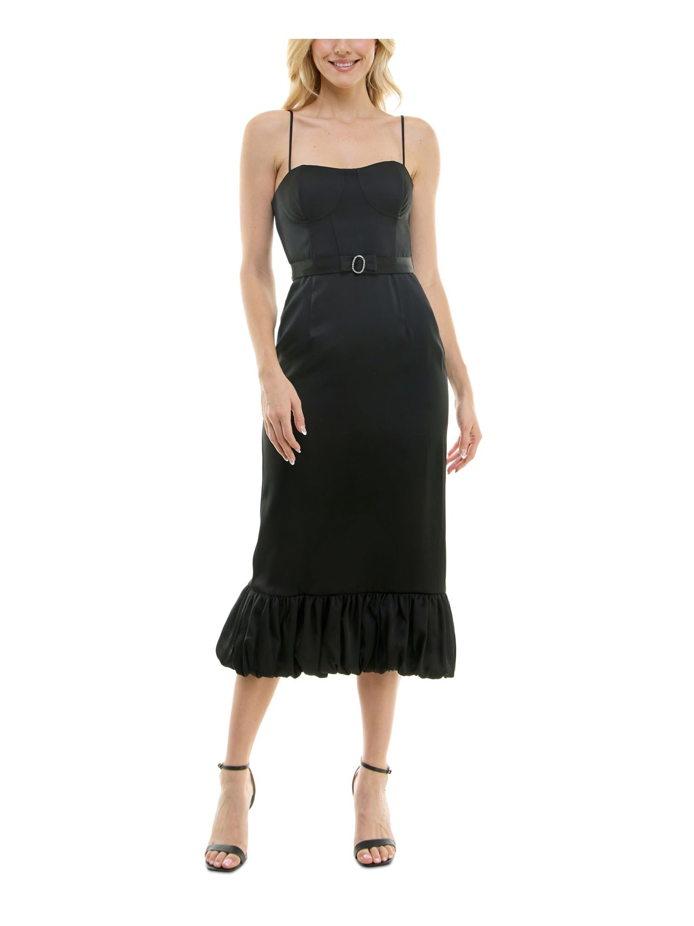 TAYLOR Womens Black Adjustable Ruffled Padded Boning Belted Zippered Spaghetti Strap Sweetheart Neckline Below The Knee Cocktail Gown Dress 8