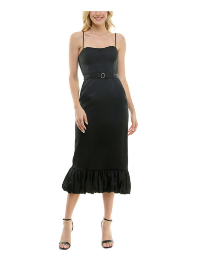 TAYLOR Womens Black Adjustable Ruffled Padded Boning Belted Zippered Spaghetti Strap Sweetheart Neckline Below The Knee Cocktail Gown Dress 2