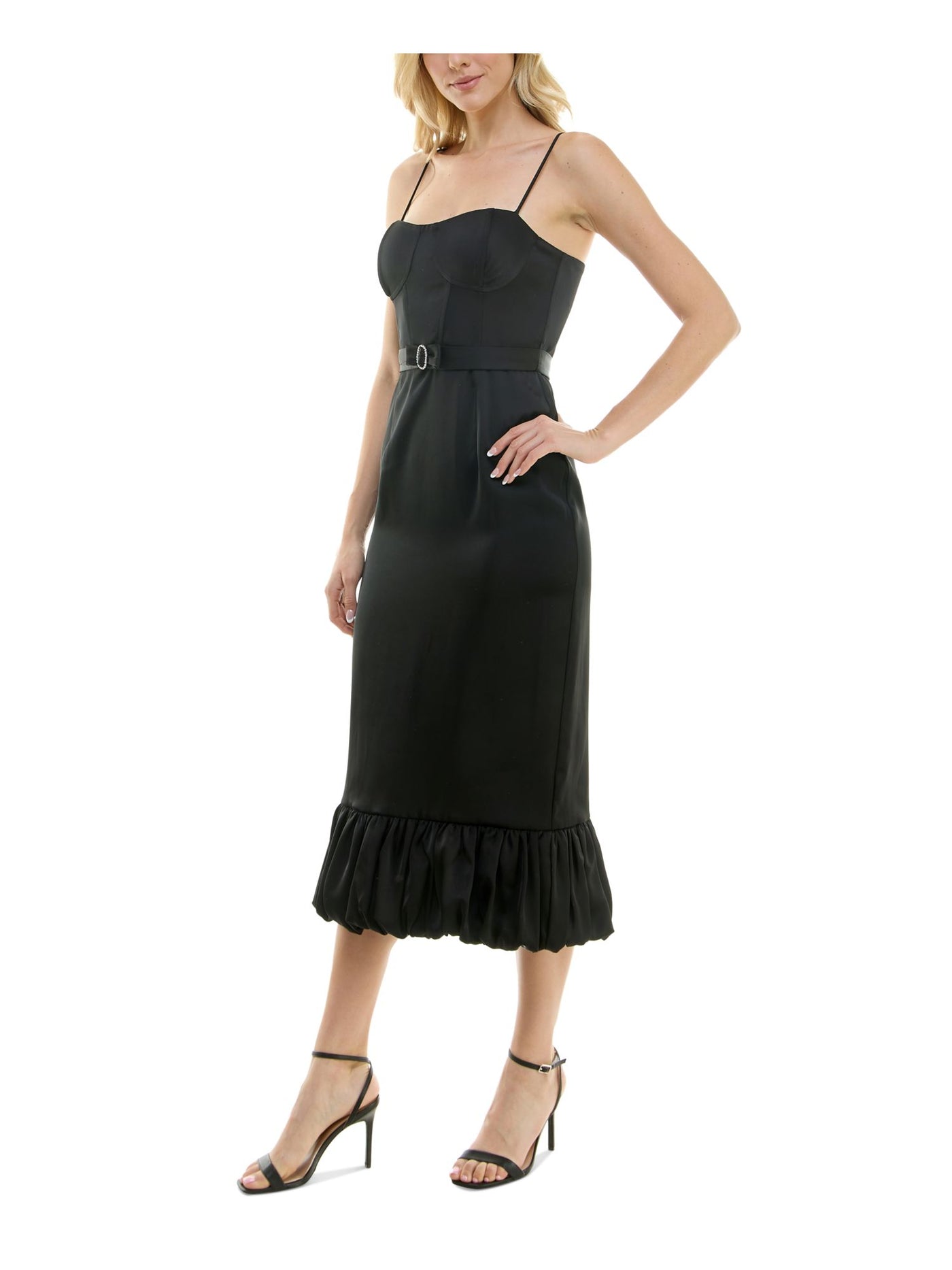 TAYLOR Womens Black Adjustable Ruffled Padded Boning Belted Zippered Spaghetti Strap Sweetheart Neckline Below The Knee Cocktail Gown Dress 8