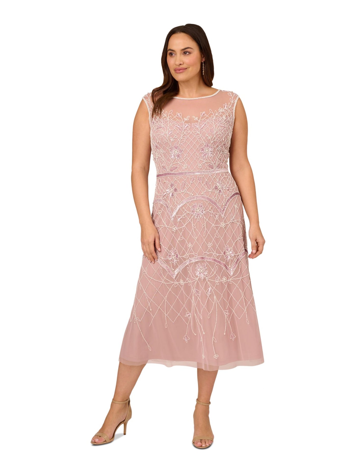 ADRIANNA PAPELL Womens Pink Embellished Zippered Lined Sleeveless Jewel Neck Midi Evening Sheath Dress Plus 20W