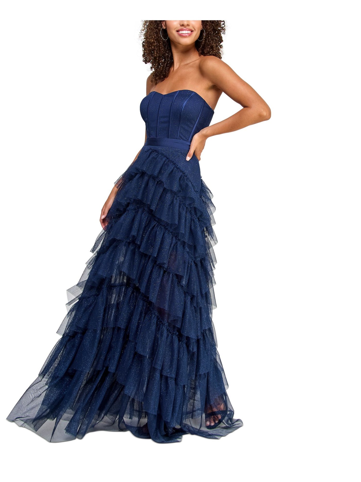 PEAR CULTURE Womens Navy Zippered Ruffled Boning Padded Cups Lined Sleeveless Sweetheart Neckline Full-Length Prom Ruffled Dress Juniors 3\4