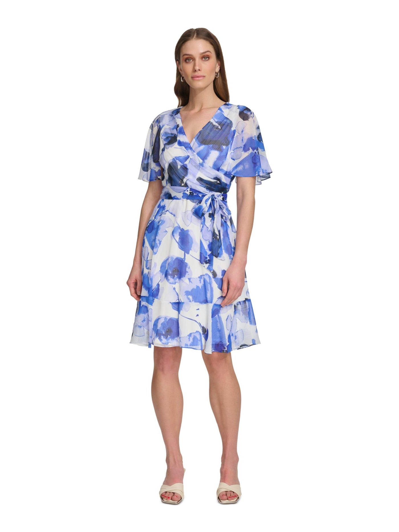 DKNY Womens Blue Tie Zippered Lined Ruffled Floral Flutter Sleeve Surplice Neckline Knee Length Fit + Flare Dress Petites 6P