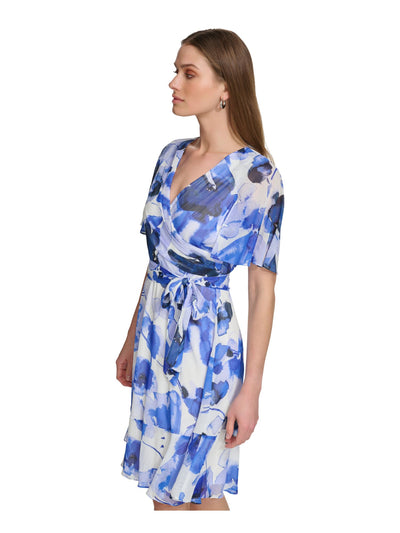 DKNY Womens Blue Tie Zippered Lined Ruffled Floral Flutter Sleeve Surplice Neckline Knee Length Fit + Flare Dress Petites 6P