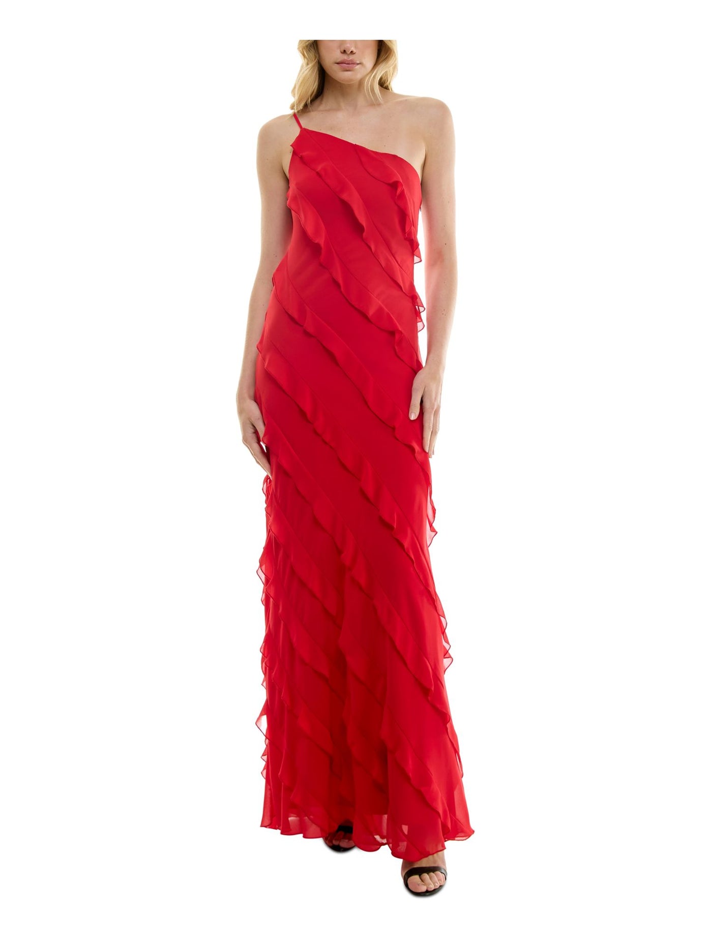 B DARLIN Womens Red Zippered Lined Asymmetric Tiered Ruffles Sleeveless Asymmetrical Neckline Full-Length Party Gown Dress Juniors 7\8