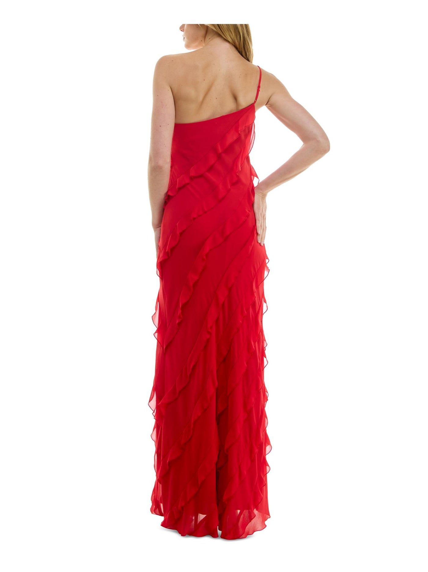 B DARLIN Womens Red Zippered Lined Asymmetric Tiered Ruffles Sleeveless Asymmetrical Neckline Full-Length Party Gown Dress Juniors 7\8
