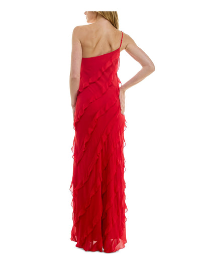 B DARLIN Womens Red Zippered Lined Asymmetric Tiered Ruffles Sleeveless Asymmetrical Neckline Full-Length Party Gown Dress Juniors 7\8