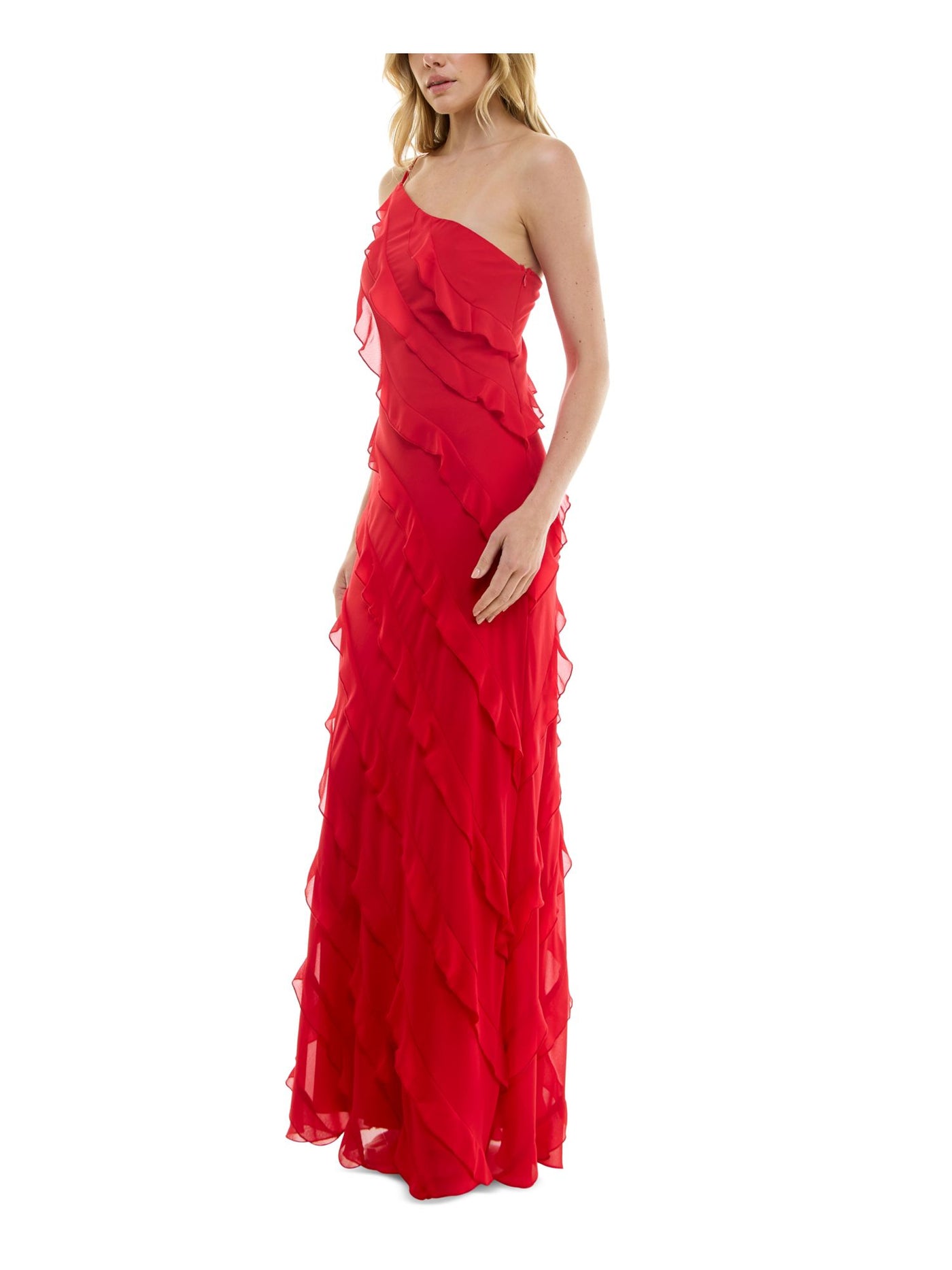 B DARLIN Womens Red Zippered Lined Asymmetric Tiered Ruffles Sleeveless Asymmetrical Neckline Full-Length Party Gown Dress Juniors 0