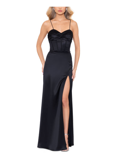 BLONDIE NITES Womens Black Pleated Zippered Boning Padded Open Lace Up Back Spaghetti Strap Sweetheart Neckline Full-Length Formal A-Line Dress Juniors 1