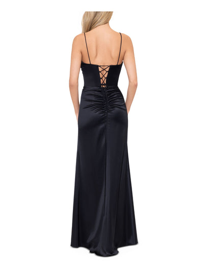 BLONDIE NITES Womens Black Pleated Zippered Boning Padded Open Lace Up Back Spaghetti Strap Sweetheart Neckline Full-Length Formal A-Line Dress Juniors 3