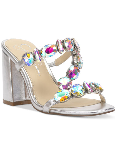 JESSICA SIMPSON Womens Silver Goring Padded Metallic Embellished Asymmetrical Amilir Square Toe Block Heel Slip On Dress Heeled Sandal 7 M