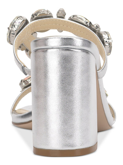 JESSICA SIMPSON Womens Silver Goring Padded Metallic Embellished Asymmetrical Amilir Square Toe Block Heel Slip On Dress Heeled Sandal 7 M