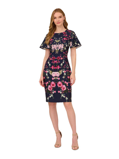 ADRIANNA PAPELL Womens Navy Zippered Lined Back Slit Hem Floral Flutter Sleeve Round Neck Above The Knee Wear To Work Sheath Dress 0