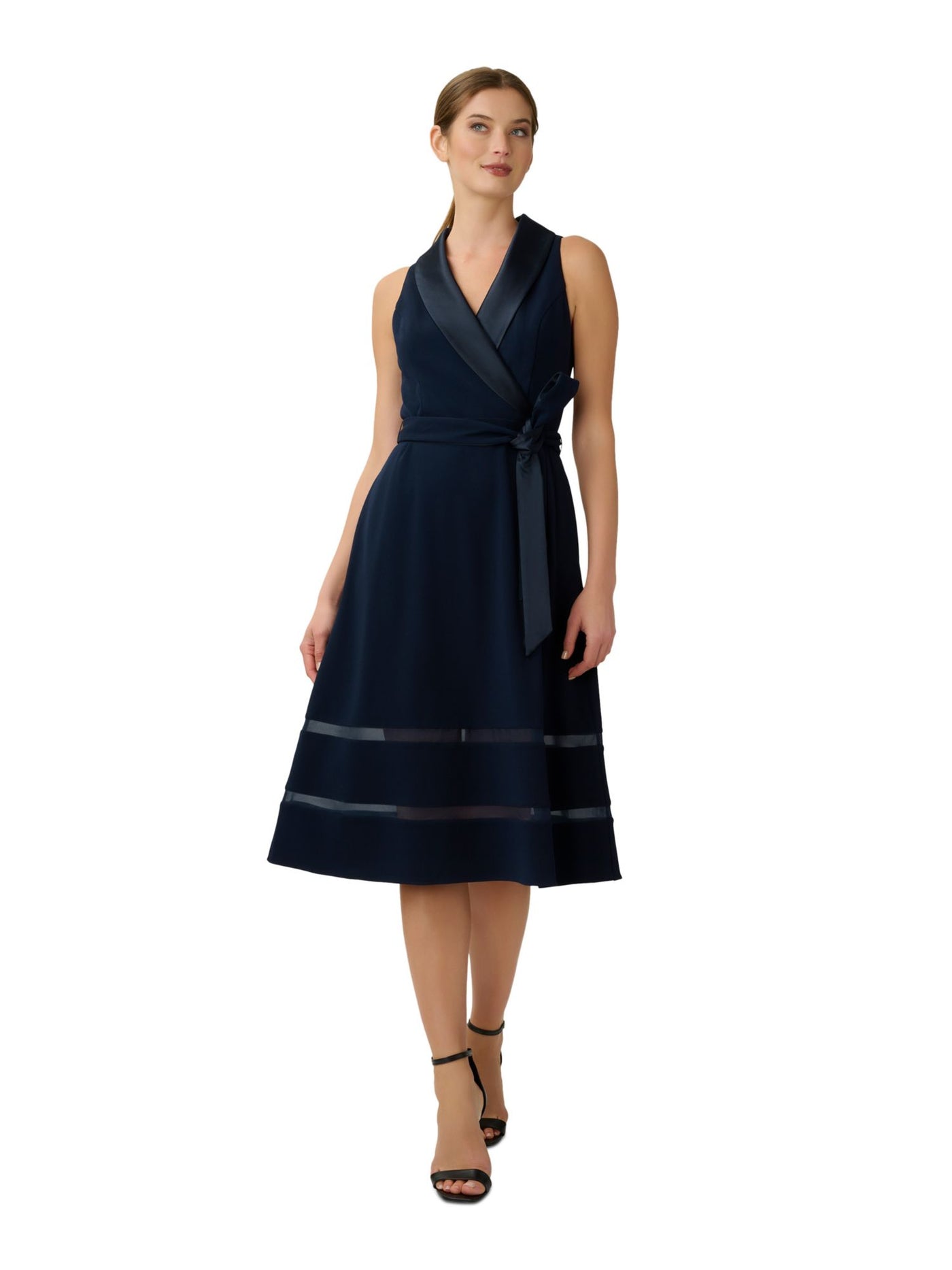 ADRIANNA PAPELL Womens Navy Zippered Pocketed Shawl Collar Mesh Trim Skirt Sleeveless Surplice Neckline Midi Party Fit + Flare Dress 2