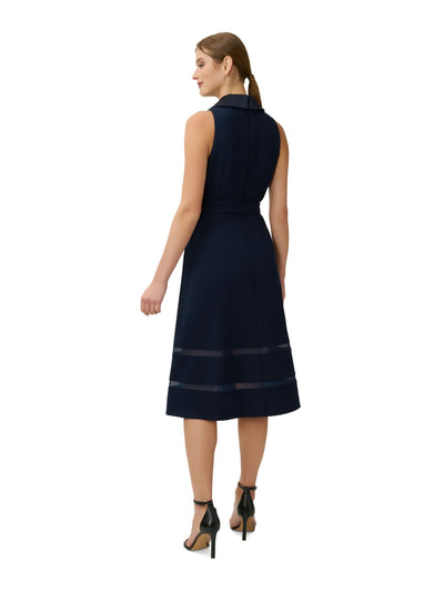ADRIANNA PAPELL Womens Navy Zippered Pocketed Shawl Collar Mesh Trim Skirt Sleeveless Surplice Neckline Midi Party Fit + Flare Dress 2