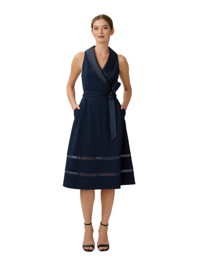 ADRIANNA PAPELL Womens Navy Zippered Pocketed Shawl Collar Mesh Trim Skirt Sleeveless Surplice Neckline Midi Party Fit + Flare Dress 2