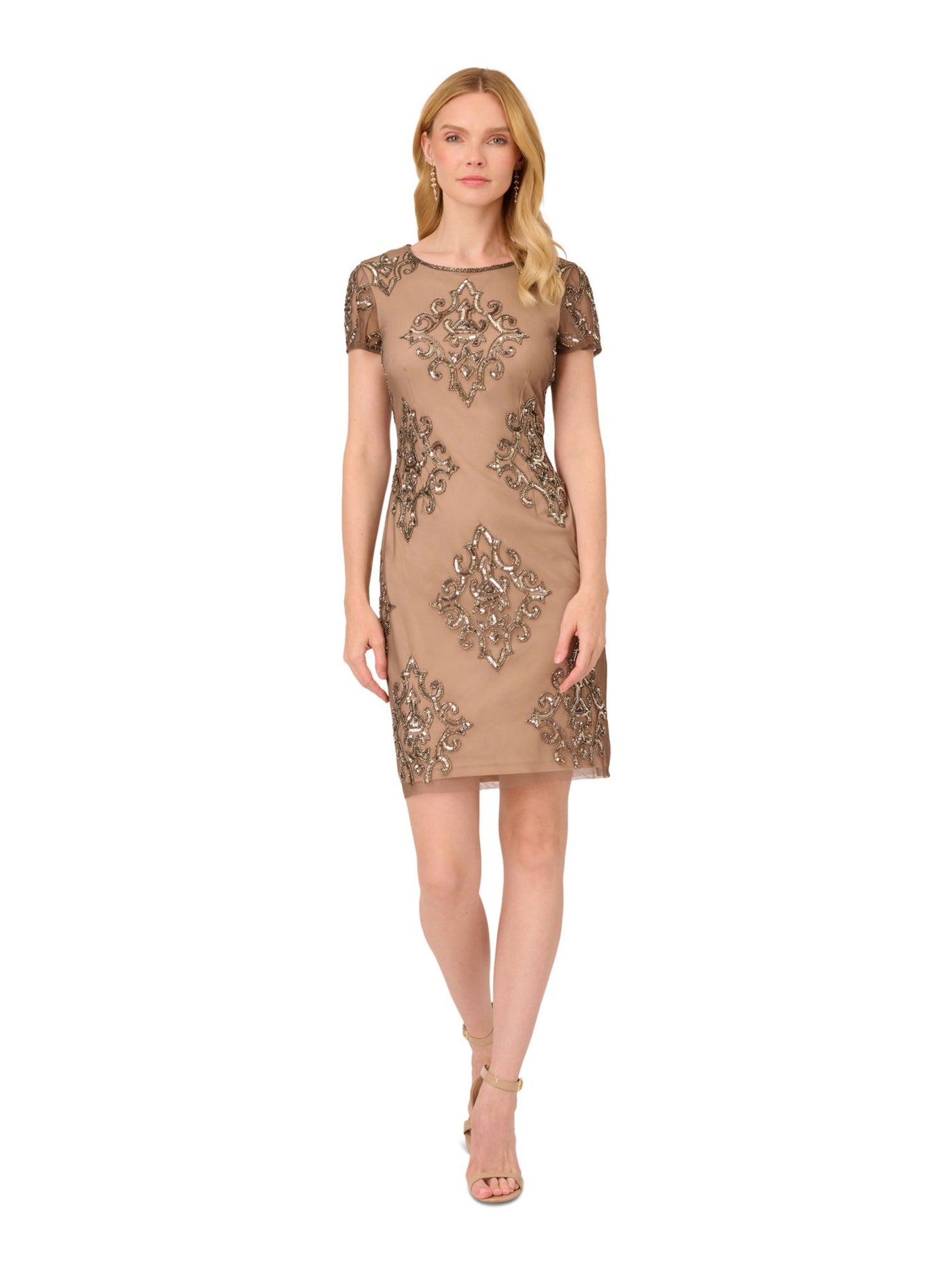 PAPELL STUDIO Womens Beige Beaded Zippered Lined Sequined Short Sleeve Boat Neck Short Evening Sheath Dress 2