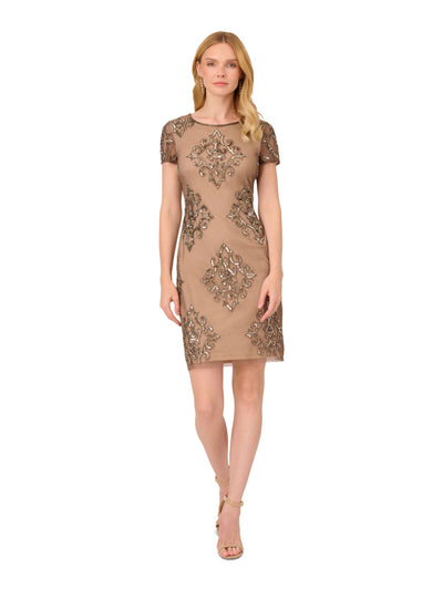 PAPELL STUDIO Womens Beige Beaded Zippered Lined Sequined Short Sleeve Boat Neck Short Evening Sheath Dress 2