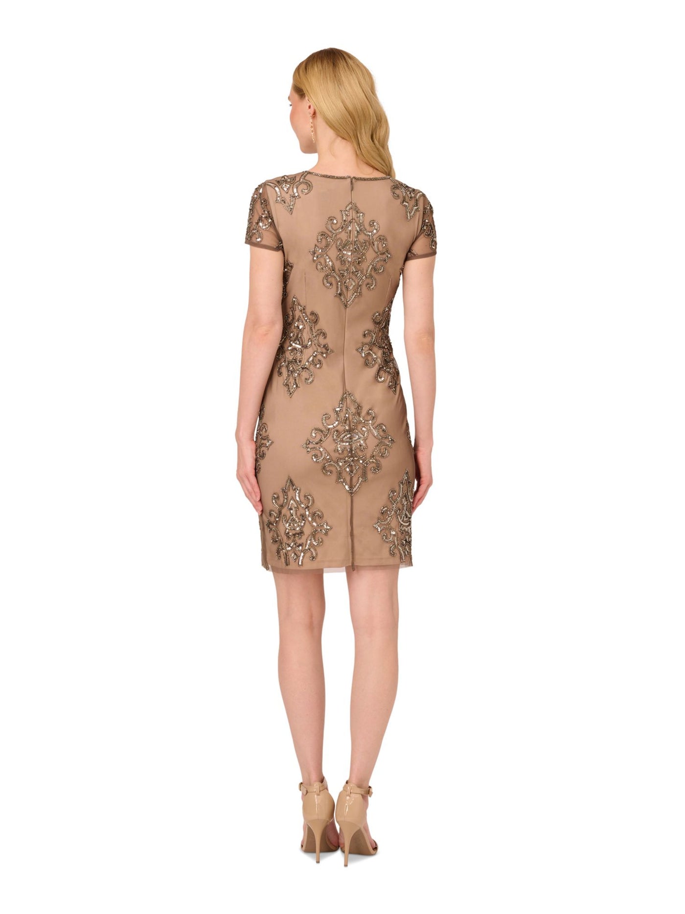 PAPELL STUDIO Womens Beige Beaded Zippered Lined Sequined Short Sleeve Boat Neck Short Evening Sheath Dress 2