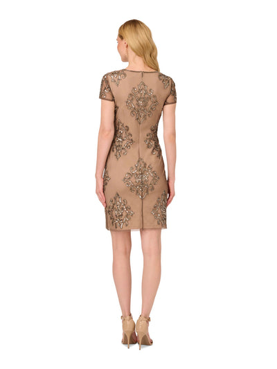 PAPELL STUDIO Womens Beige Beaded Zippered Lined Sequined Short Sleeve Boat Neck Short Evening Sheath Dress 2