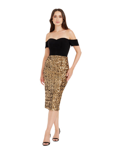 DRESS THE POPULATION Womens Sequined Short Sleeve Off Shoulder Midi Evening Body Con Dress