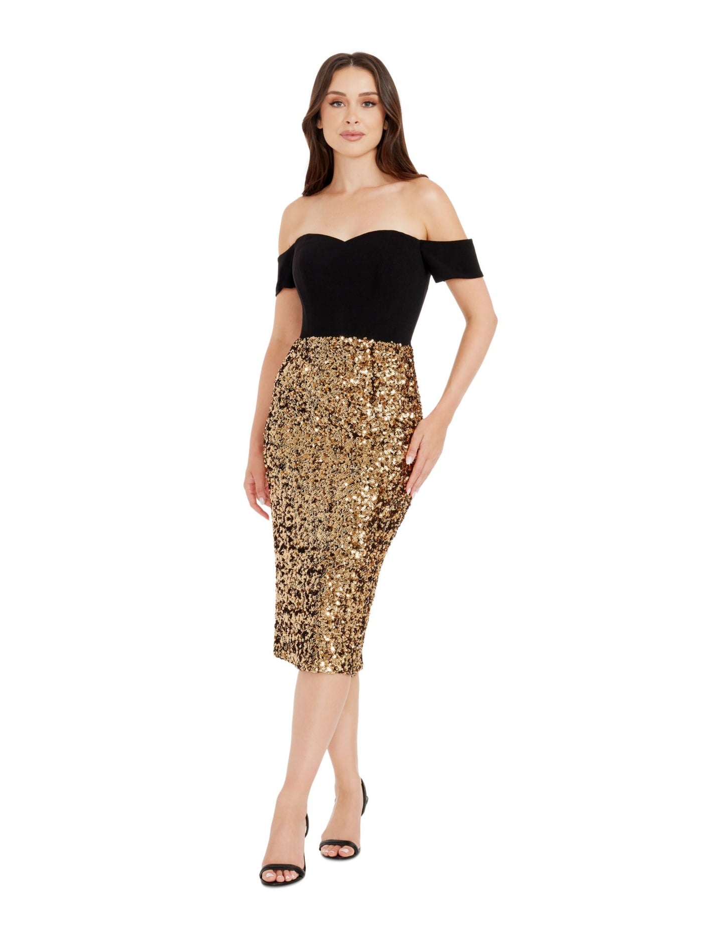 DRESS THE POPULATION Womens Gold Sequined Zippered Bodice Boning Slit Back Short Sleeve Off Shoulder Midi Evening Body Con Dress M