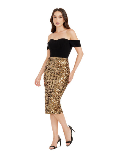 DRESS THE POPULATION Womens Gold Sequined Zippered Bodice Boning Slit Back Short Sleeve Off Shoulder Midi Evening Body Con Dress M