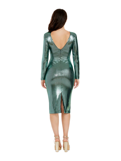 DRESS THE POPULATION Womens Green Ruched Zippered V-back Slit Back Hem Lined Long Sleeve V Neck Below The Knee Party Body Con Dress XS