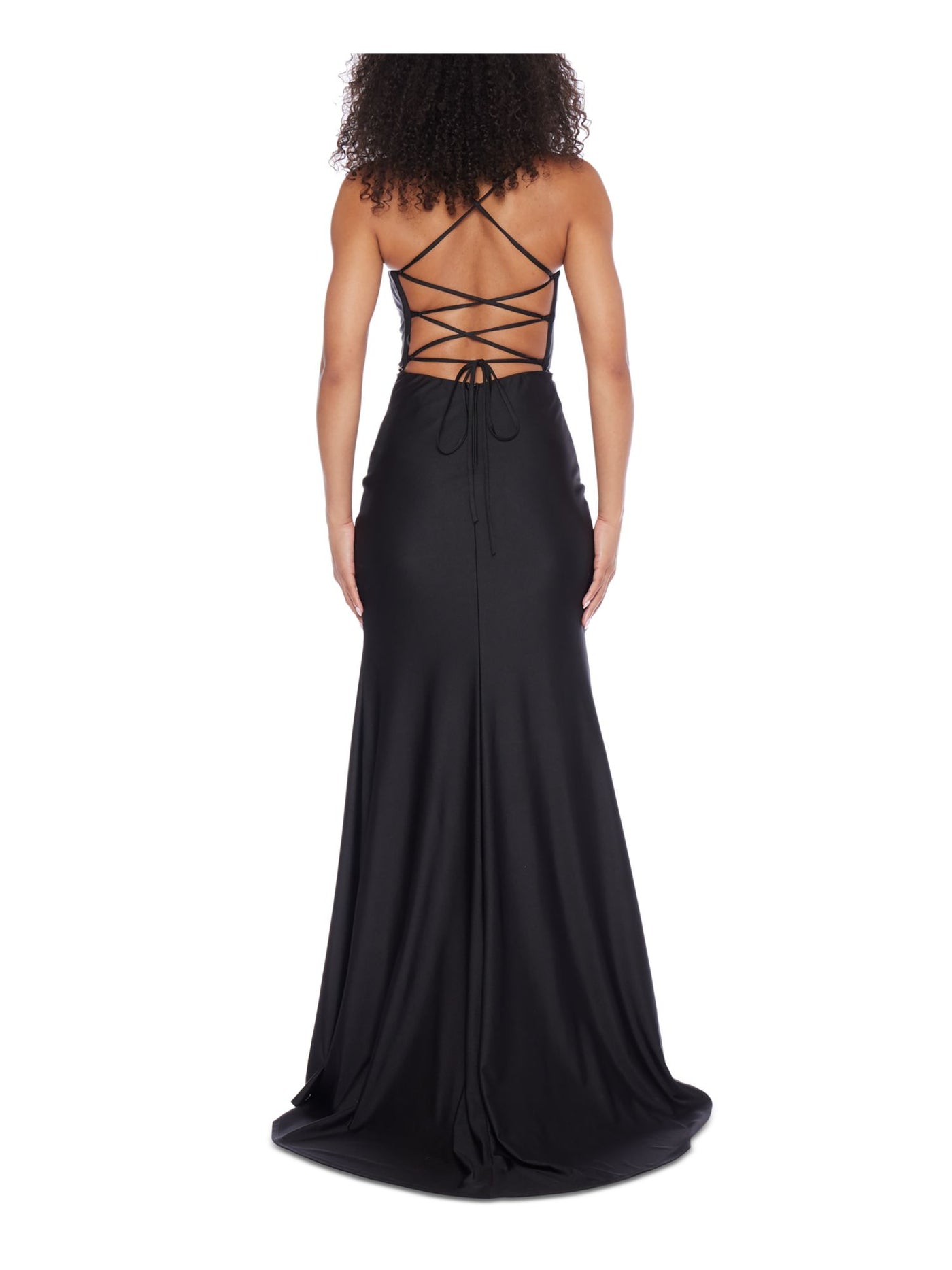 B DARLIN Womens Black Zippered Slitted Rhinestone-trim Lace-up Back Spaghetti Strap V Neck Full-Length Prom Gown Dress Juniors 5\6