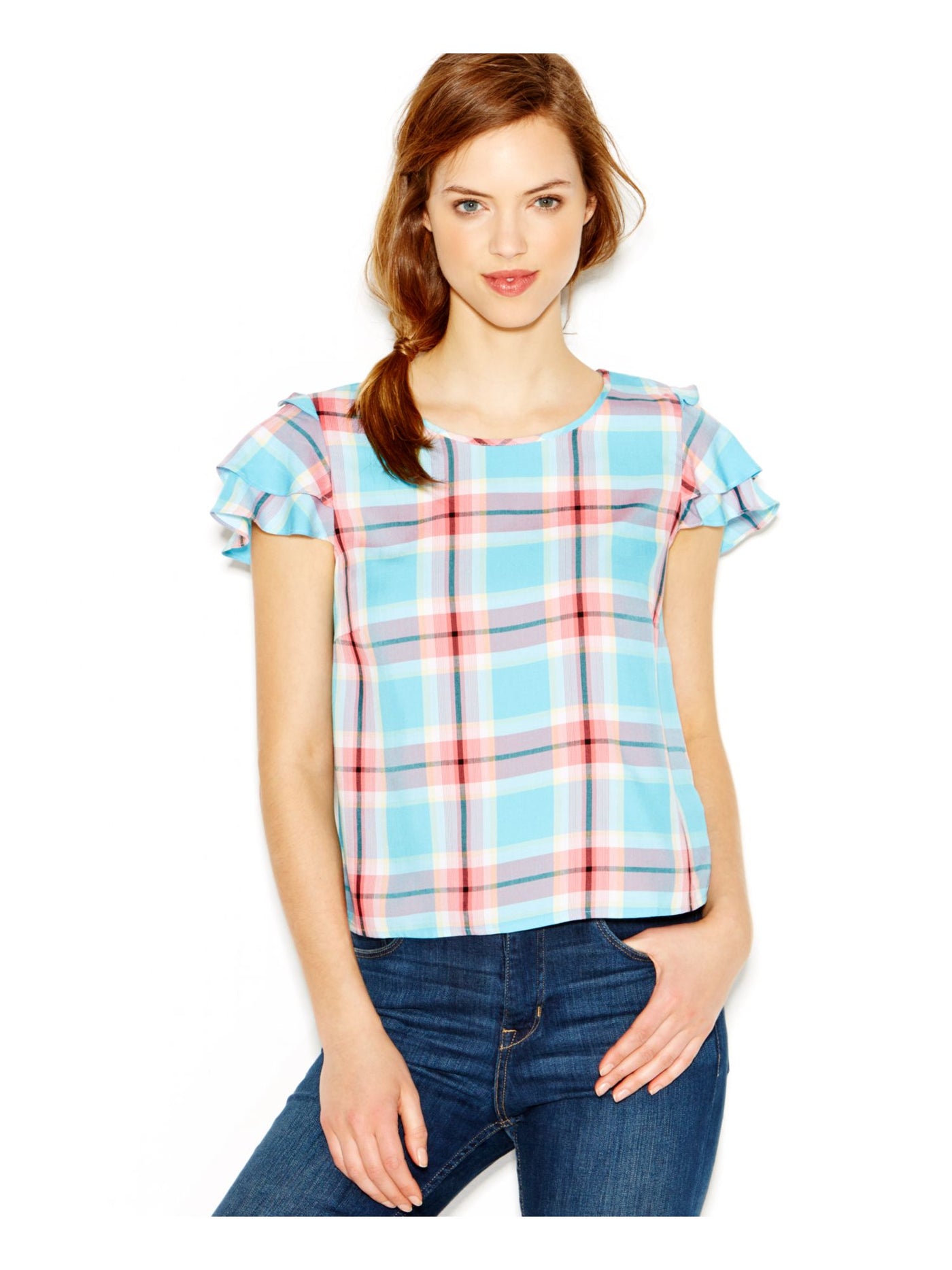 KENSIE Womens Aqua Ruffled Plaid Cap Sleeve Jewel Neck Top Size: L