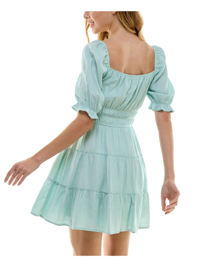 TRIXXI Womens Light Blue Ruched Lined Tiered Skirt Pullover Short Sleeve Square Neck Short Fit + Flare Dress Juniors L