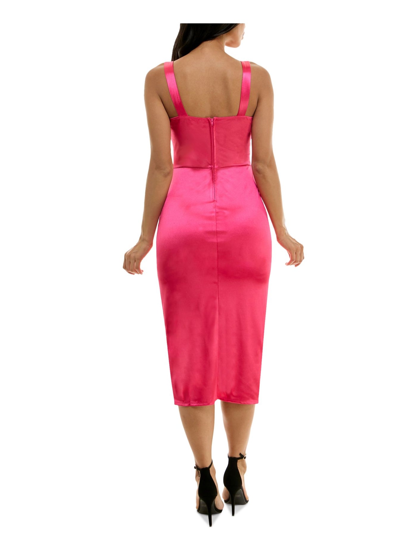 EMERALD SUNDAE Womens Pink Zippered Gathered Sleeveless Square Neck Below The Knee Cocktail Body Con Dress Juniors XS