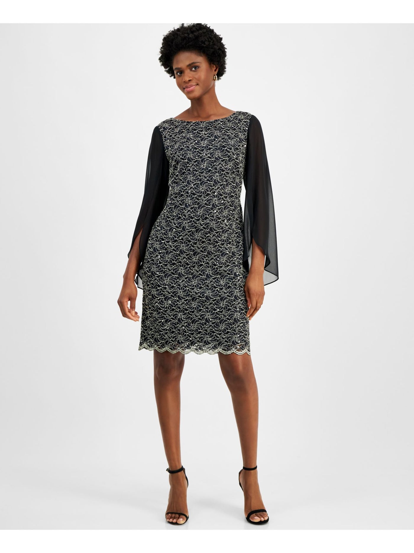 CONNECTED APPAREL Womens Black Lined Embellished Lace Scalloped Pull-on 3/4 Sleeve Boat Neck Above The Knee Cocktail Sheath Dress Plus 20W