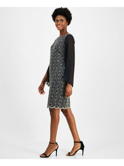 CONNECTED APPAREL Womens Black Lined Embellished Lace Scalloped Pull-on 3/4 Sleeve Boat Neck Above The Knee Cocktail Sheath Dress Plus 20W