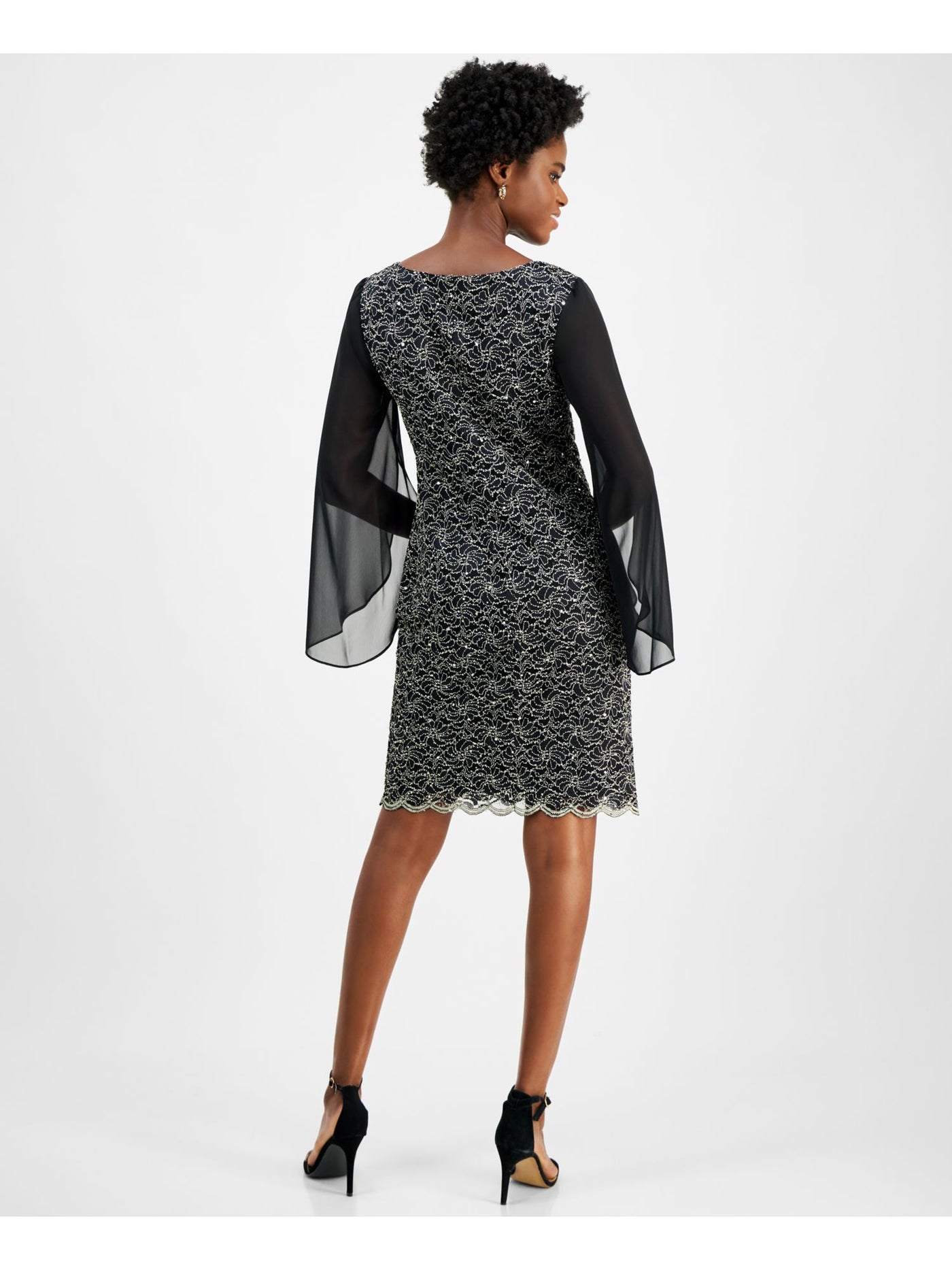 CONNECTED APPAREL Womens Black Lined Embellished Lace Scalloped Pull-on 3/4 Sleeve Boat Neck Above The Knee Cocktail Sheath Dress Plus 20W