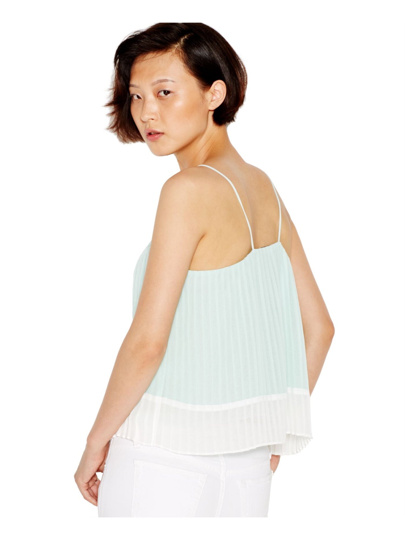 BAR III Womens Aqua Pleated Spaghetti Strap Jewel Neck Top Size: M